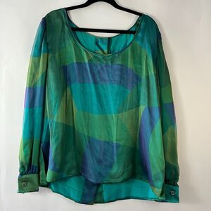 James Galanos Couture Blouse Womens Silk Green Geometric Check RARE Vintage 80's